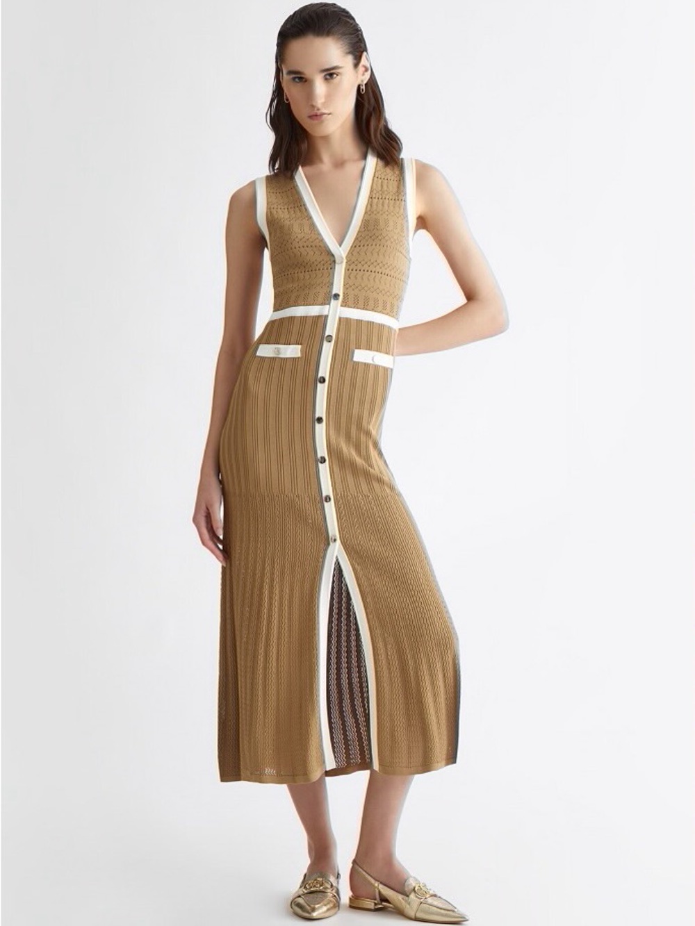 Liu Jo Tan Midi Knit Dress with White Trim and Front Buttons